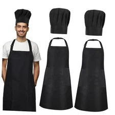 2 Pack Chef Apron and Hat, Adjustable High Cooking Apron Waterproof Black