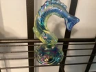 New ListingFenton Green Carnival Iridescent Leaping Jumping Glass Fish Figurine!