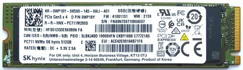 SK hynix 512GB PC711 NVMe PCIe Gen3x4 SSD HFS512GDE9X080N FA D P/N: 0WP18Y