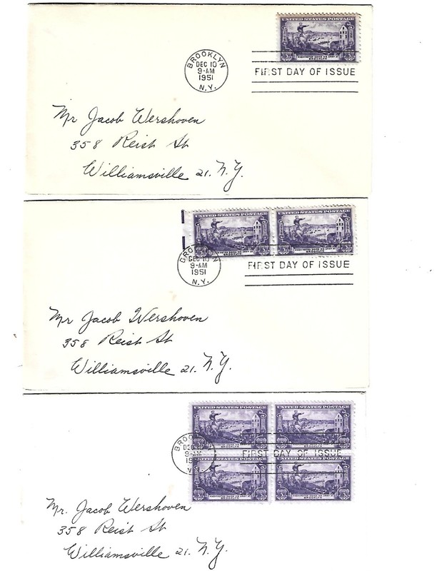 Three First Day covers Scott #1003 Battle of Brooklyn with Washington 1951