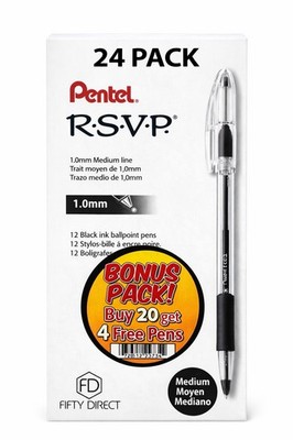 Pentel R.S.V.P. Black Ballpoint Pens 24 Pack 1.0mm Medium Point Bulk Bonus Pack