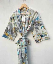 Indian 100 Cotton Long Kimono Women's Bath Robe White Color Floral Kimono Robe