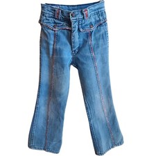 6X 21x20 Vintage 1970s Childrens Denim Jeans With Rainbow Stitching Flare Hippy