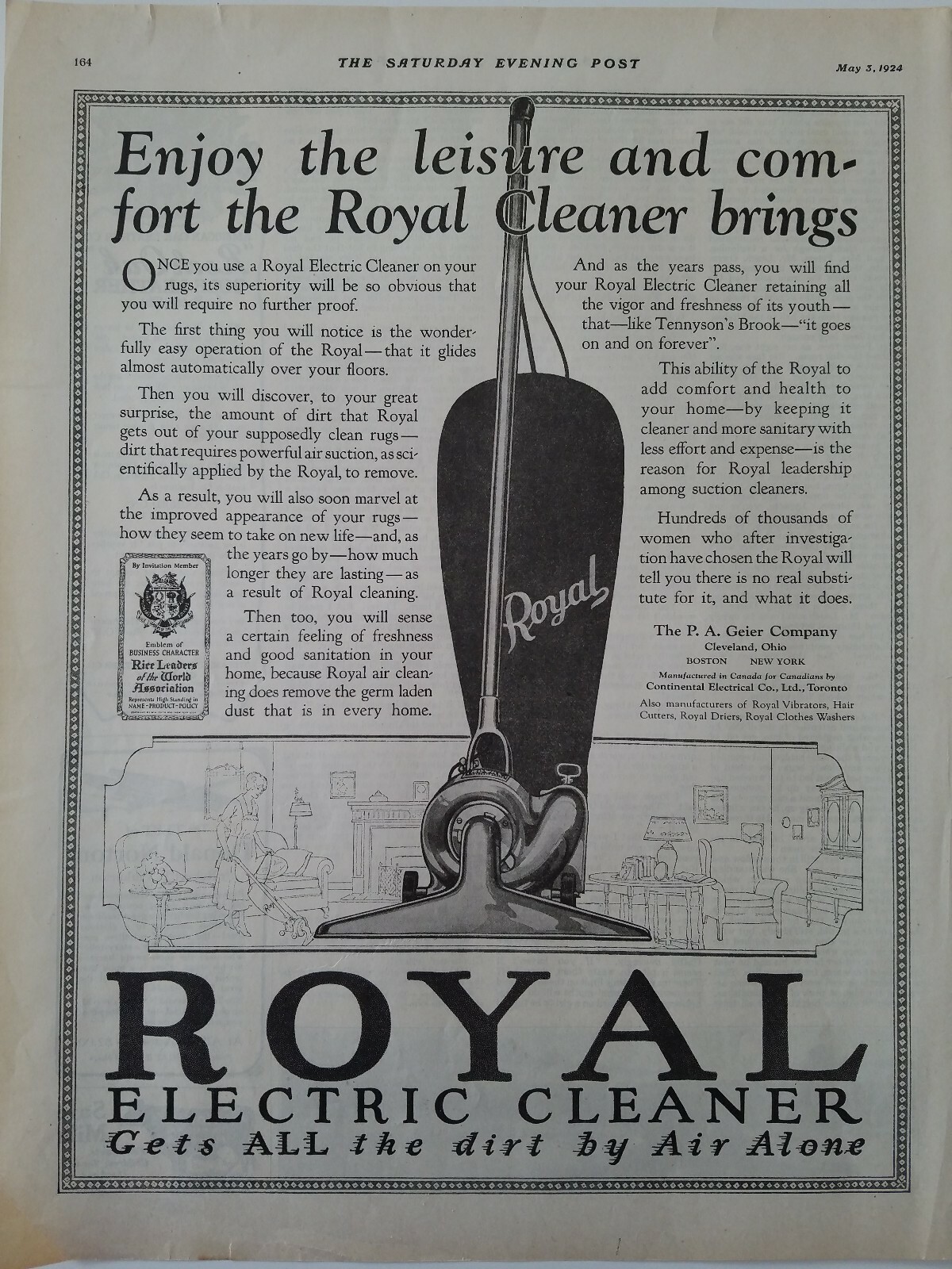 1924 Royal electric vacuum cleaner Sweeper enjoy comfort PA Geier Co vintage ad