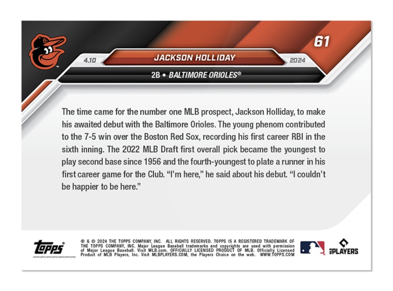 2024 TOPPS NOW Card #61⚾️Jackson Holiday RC SP?MLB Debut 