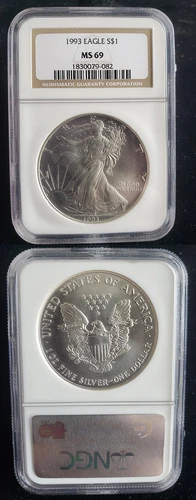 1993 American Silver Eagle 1 Oz Graded NGC MS69 Brown Label 24377