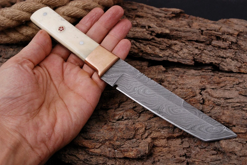 HAND FORGED DAMASCUS STEEL TANTO POINT HUNTING KNIFE & BONE HANDLE+SHEATH AH2005 - Image 2 of 4