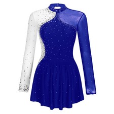 DE iEFiEL Damen Strass Eiskunstlauf Glitzer Langarm Rollschuhkleid Tanzkleid