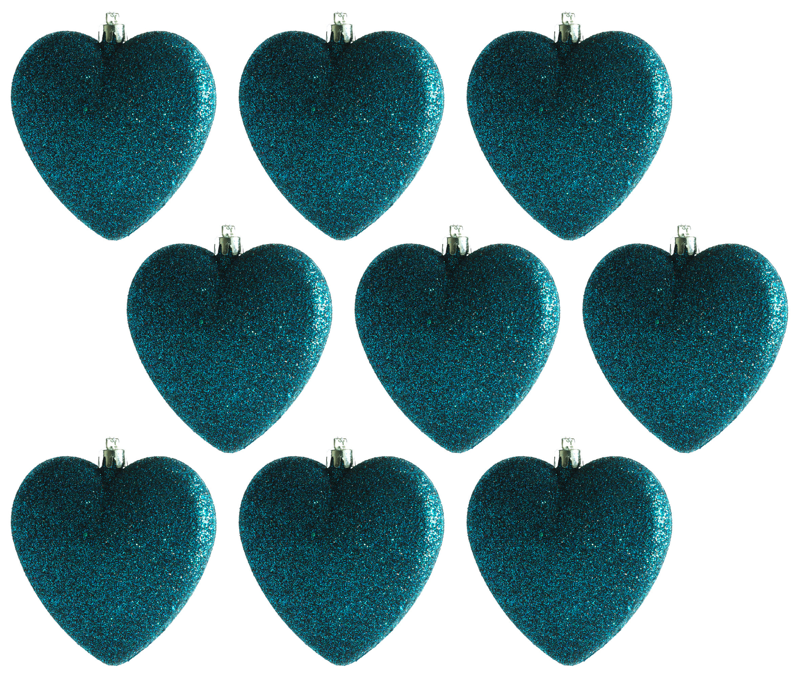 Teal Heart Christmas Baubles 8.5cm Tree Decorations - Kingfisher Blue - Set of 9