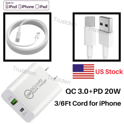 20W PD QC 3.0 Dual Fast Charger Wall Plug Adapter Charging Cable Lot For iPhone