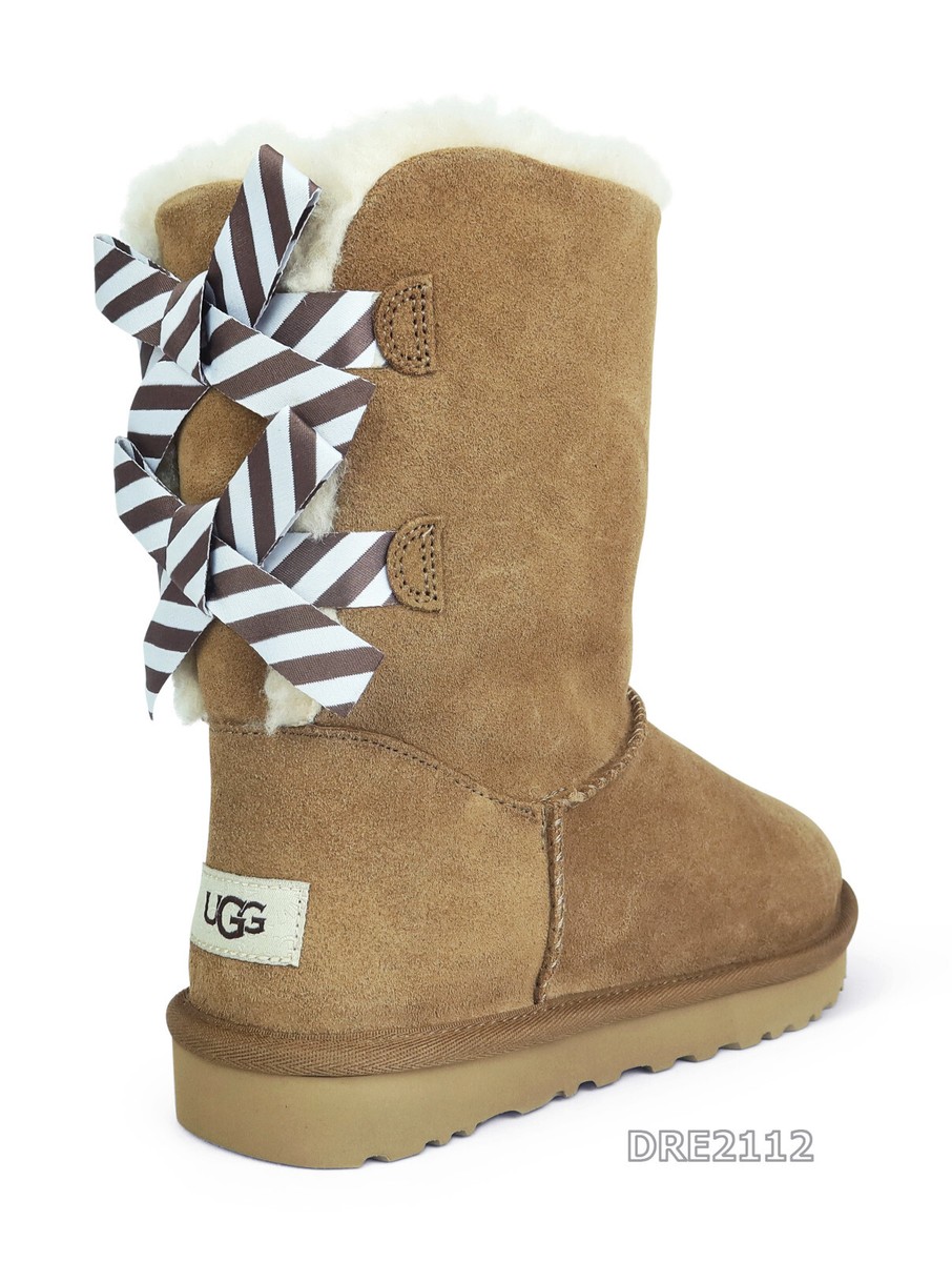 UGG Bailey Bow II Diagonal Stripes Chestnut Suede Fur Boots Womens 
