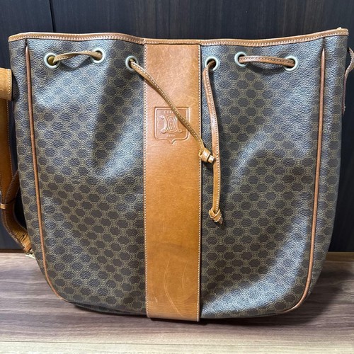 CELINE Macadam Pattern Drawstring Shoulder Bag PVC Leather Brown Vintage
