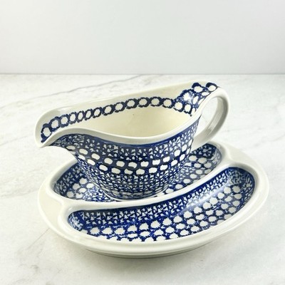 Vintage Zakłady Polish Pottery Gravy Boat & Divided Tray Set Pattern 58 Handmade