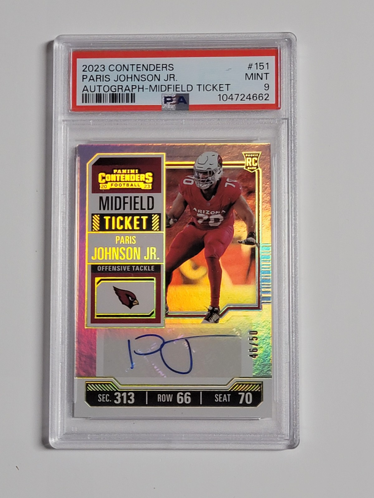 2023 Panini Contenders Paris Johnson Jr Midfield Ticket RC Auto /50 Cardinals