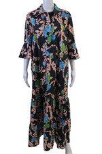 La Double J Women Maxi Shirt Dress Black Floral 3/4 Sleeve Cotton Size M
