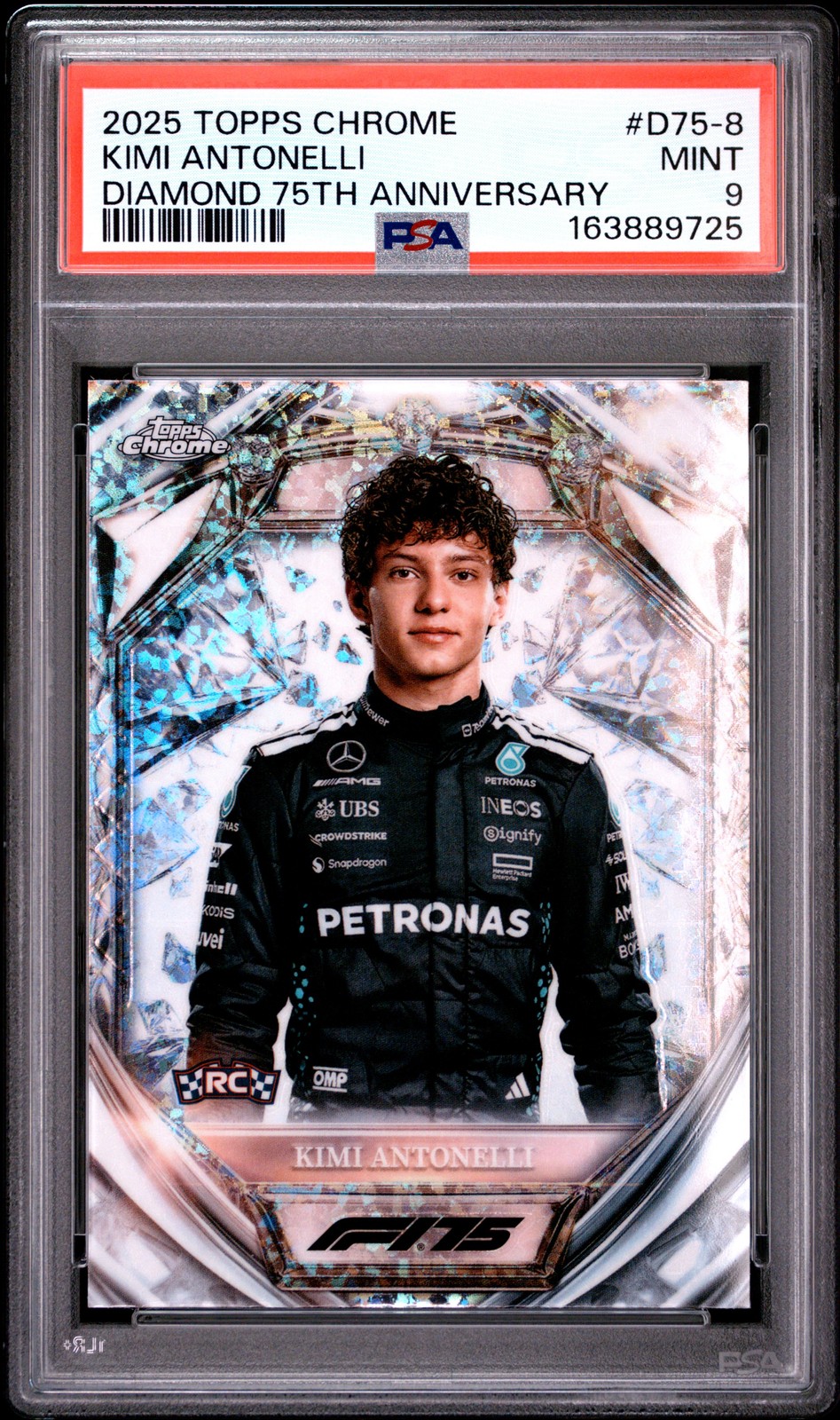 2025 TOPPS CHROME FORMULA 1 DIAMOND 75TH ANNIVERSARY KIMI ANTONELLI RC PSA 9