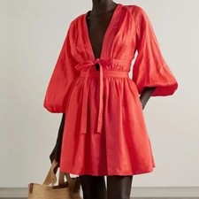 Zimmermann Shelly Dress Size 0 / 8 AU / 4 US Red Mini Tie Front Linen Gathered