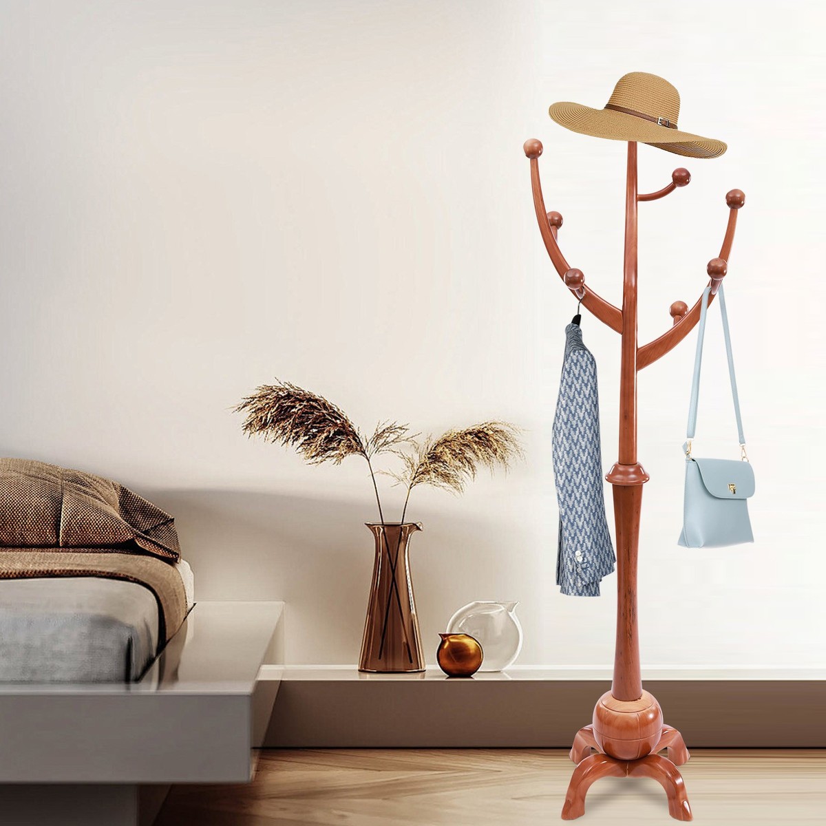 Wooden Coat Rack Hat Bag Stand Tree Modern Clothes Holder 8 Hooks