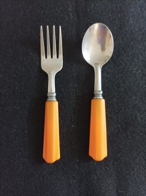 Vintage Butterscotch Bakelite Children s Small Stainless Fork And Spoon
