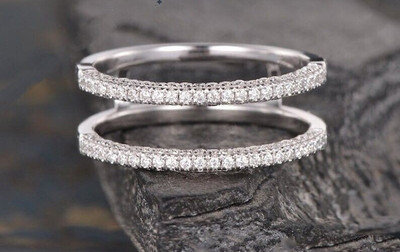 Moissanite Enhancer Guard Wedding Band 1.00 Carat Round Cut 14K White Gold Over