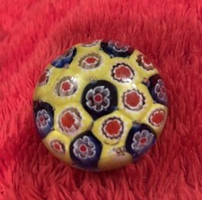 Vintage  Murano Paperweight Millefiori Cane Glass 2" Yellow ,Blue & Red in Clear