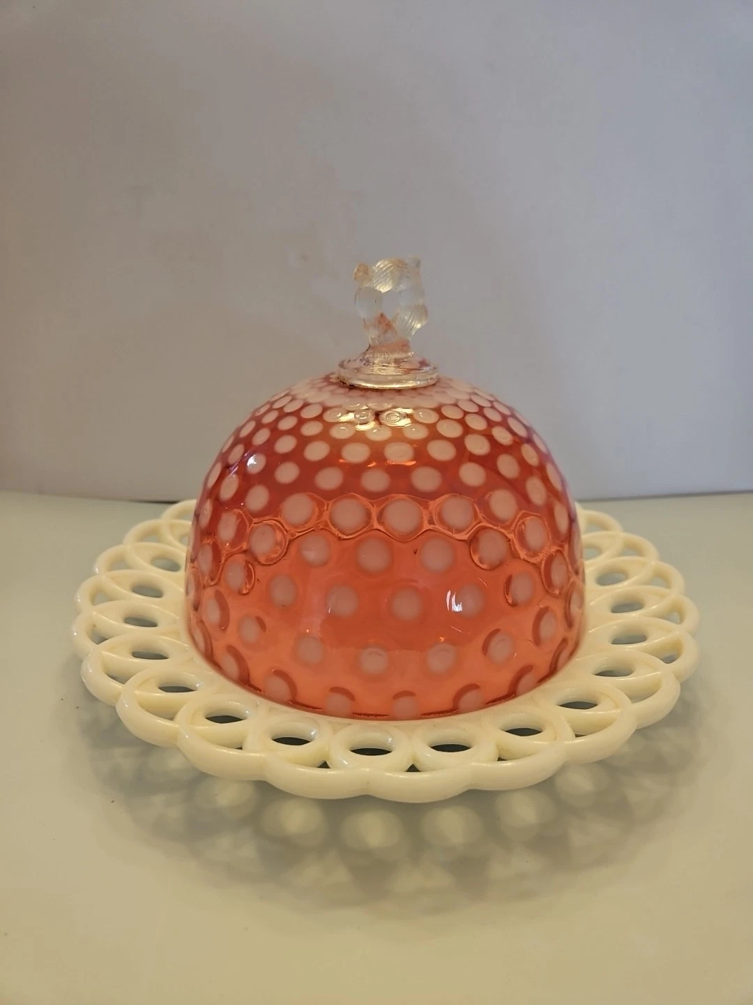 Vintage Cranberry Opalescent Fenton Butter Dish with Lid