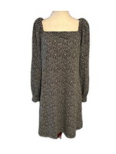 Ann Taylor LOFT Black White Speckled Knit Mini Dress Medium 3/4 Puff Sleeve