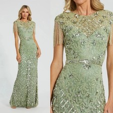 Mac Duggal 4908 Green High Neck Beaded Fringe Fitted Gown Size 6 NWT