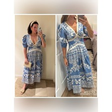 Farm Rio Anthropologie Printed V Neck Puff Sleeve Maxi Dress Blue White MP