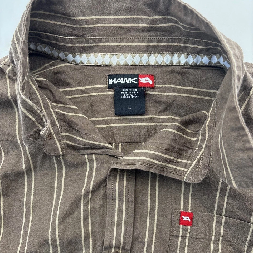 Tony Hawk Mens L Long Sleeve Button Up Shirt Striped Brown Men's Size L Casual - Image 3 of 4