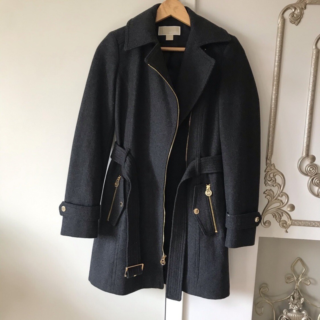 New MICHAEL KORS CHARCOAL Grey BELTED WOOL BLEND WALKER COAT