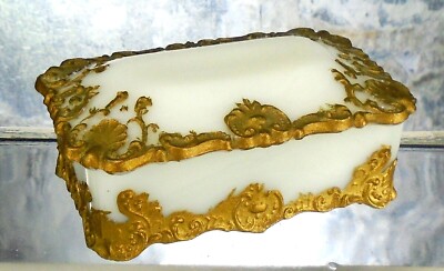 Antique Milk Glass Dresser Vanity Trinket Box w/Hand Painted Gold Decoration
