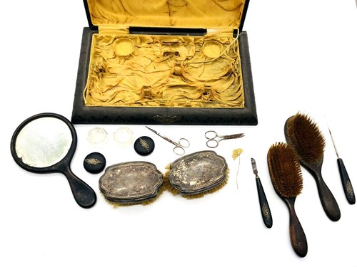 Antigua caja de tocador victoriana cepillos para artículos de tocador vidrio cubierto con espejo plata de ley? - Imagen 6 de 12