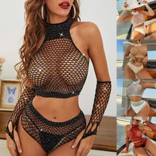 Womens Sheer Lingerie Set Glitter Rhinestone Hollow Out Fishnet Crop Top+Briefs