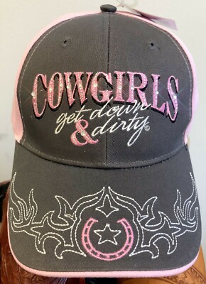 ''Cowgirls Get Down and Dirty'' Pink and Gray Hat Cap OSFM