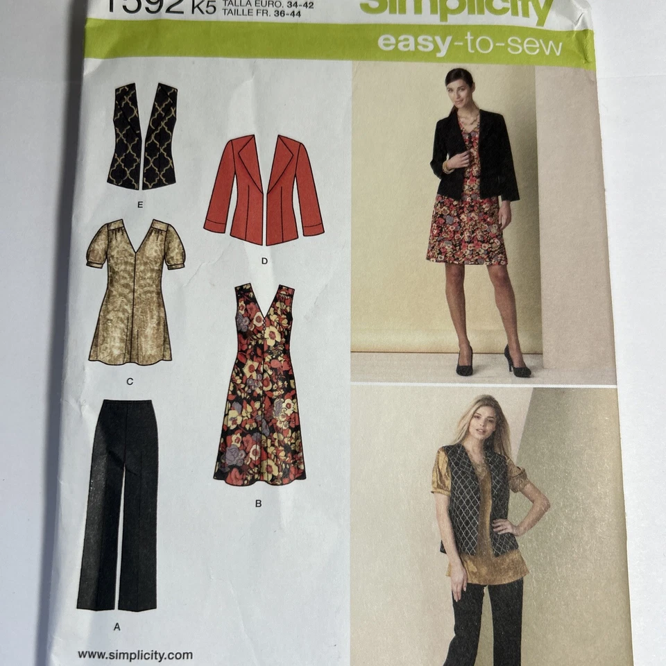 Simplicity Pattern 1592 Misses Pants~V-Neck Dress or Tunic~Jacket~Vest Sz 8-16 - Image 3 of 4