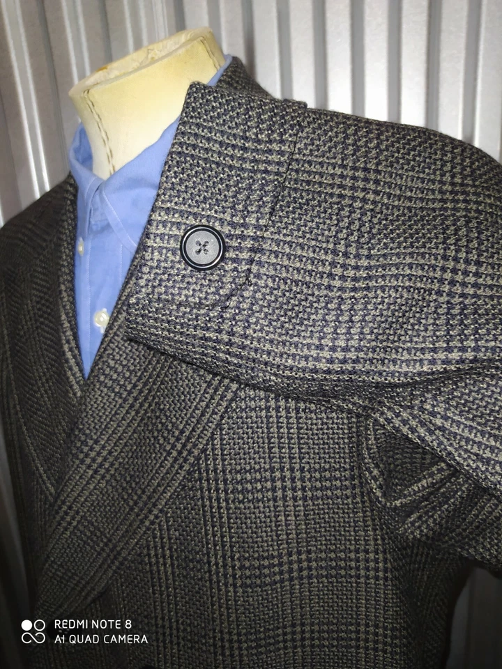 Casaco polo de lã tweed 40R vintage peito duplo azul marrom príncipe de Gales - Imagem 4 de 4