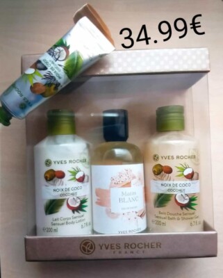 Yves Rocher Perfumo matin blanc set, coconut shower bath, body milk, hand  cream UK