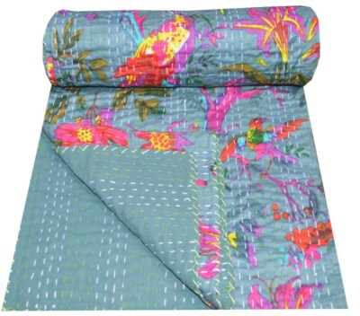 Indian Art Kantha Twin Quilt Handmade Bird Reversible Blanket Throw