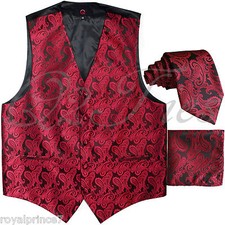 BLACK RED XS to 6XL Paisley Tuxedo Suit Dress Vest Waistcoat  Neck tie Hanky