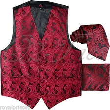 BLACK RED  XS to 6XL Paisley Tuxedo Suit Dress Vest Waistcoat & Neck tie Hanky 