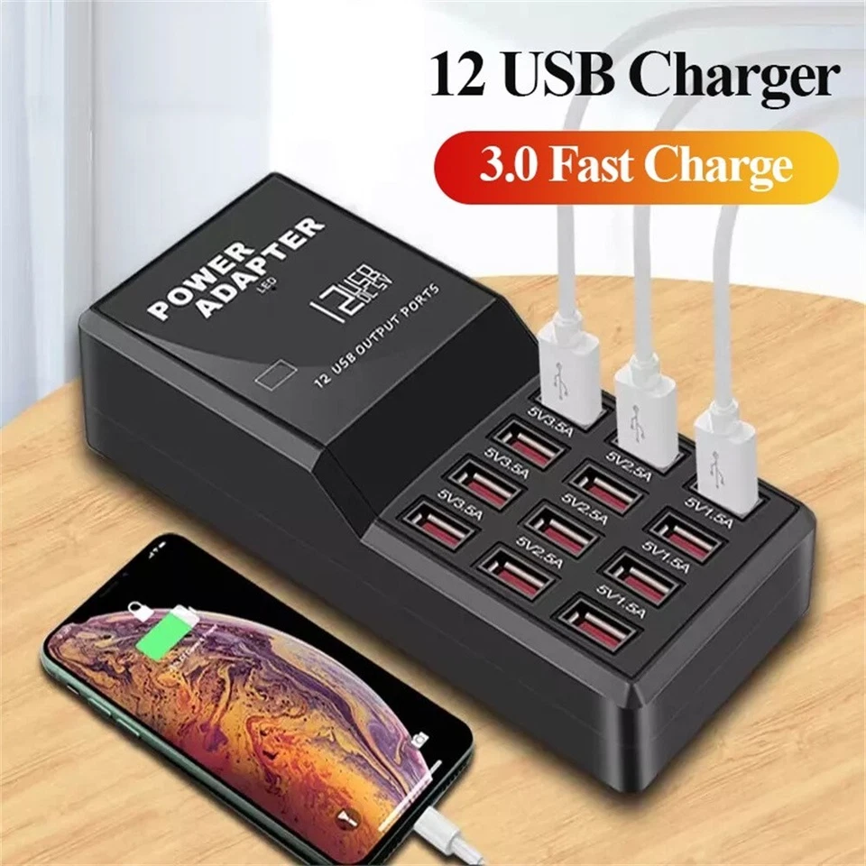 Multi 12 Port USB Charging Station Hub Desktop Wall Cell Phone Charger Organizer - Image 4 of 4