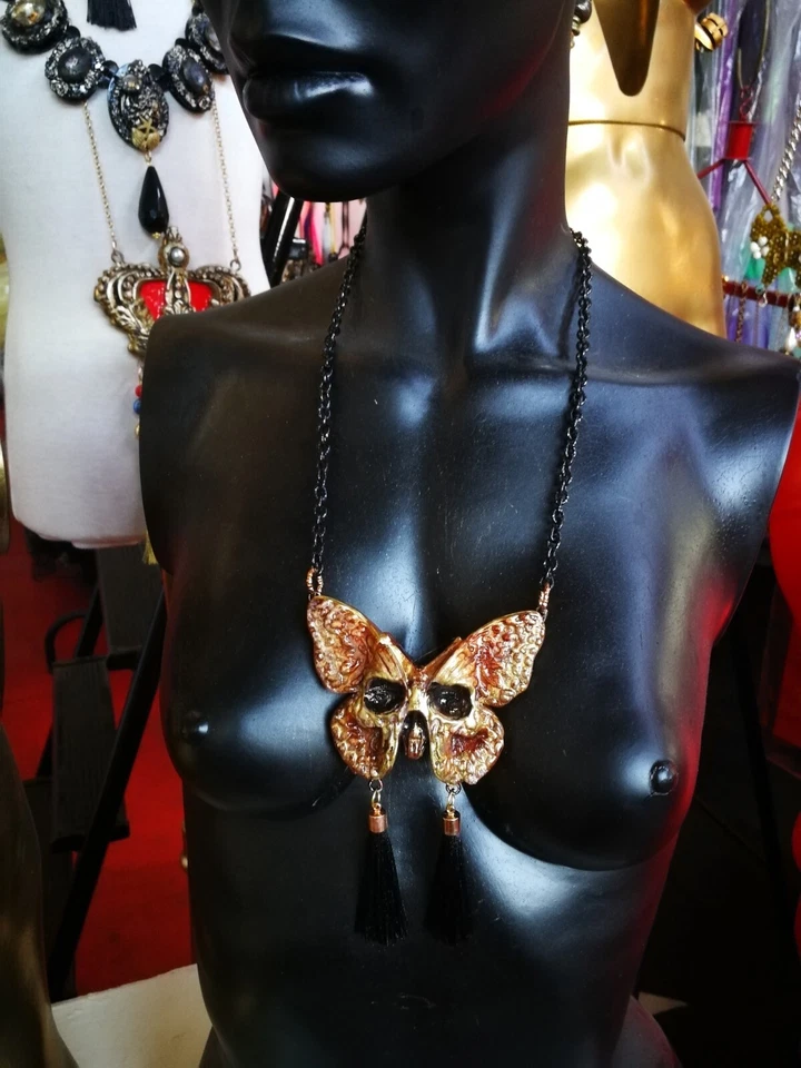 Art Deco Nouveau Jewelry Necklace Pendant Retro Butterfly Skull Lunar Moth Luna - Image 4 of 4