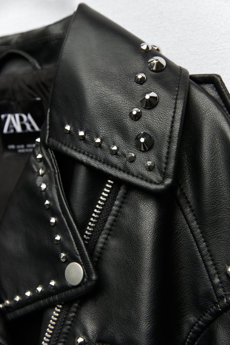 ZARA WOMAN STUDDED FAUX LEATHER BIKER JACKET BLACK SIZE XS 4341