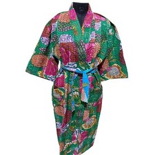 Indian Handmade Kantha Quilt Jacket Kimono Women Wear Boho Green Front Open