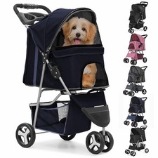 3/4 Wheels Foldable Pet Strollers Cat Dog Cage Strollers w/ Cup Holder  Basket