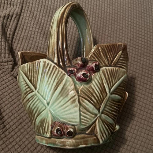 Vintage MCCOY BASKET Pottery Palm Leaves & Maroon Berries Green Brown Glaze