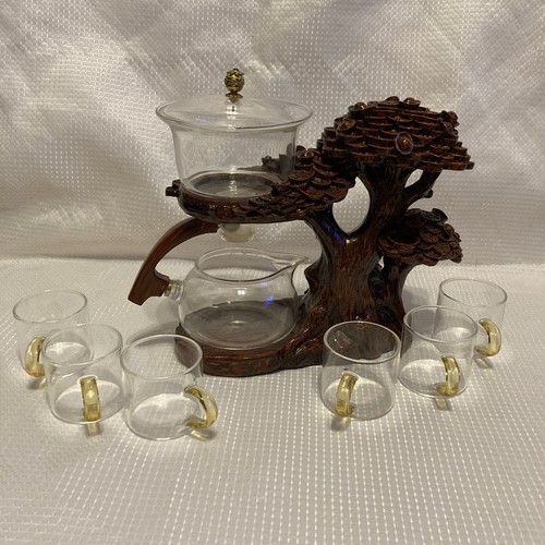 Magnetic Glass Kungfu Tea Set W/ 6 Cups | Bonsai Tree Semi Automatic Lazy Teapot - Picture 1 of 16