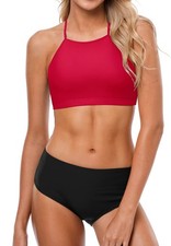 Charmo Womens High Neck Bikini Set Halter Two Piece Swimsuit Solid Red Black L