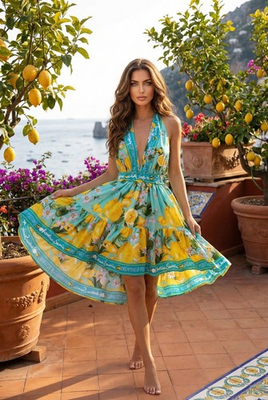 #ad Antica Sartoria 2026 Gorgeous Aqua Lemon Halter Top Dress Nwt O S $49.99